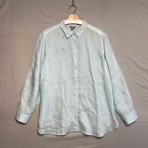 J Jill Light Blue 100% Linen Button Down Shirt Long Sleeve Size L